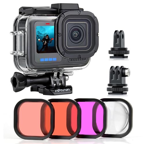 SOONSUN Waterproof Case with Dive Filters for GoPro Hero 13/12 / 11/10 / 9 Black, 196 Feet Underwater Protective Dive Housing Case with Red, Light