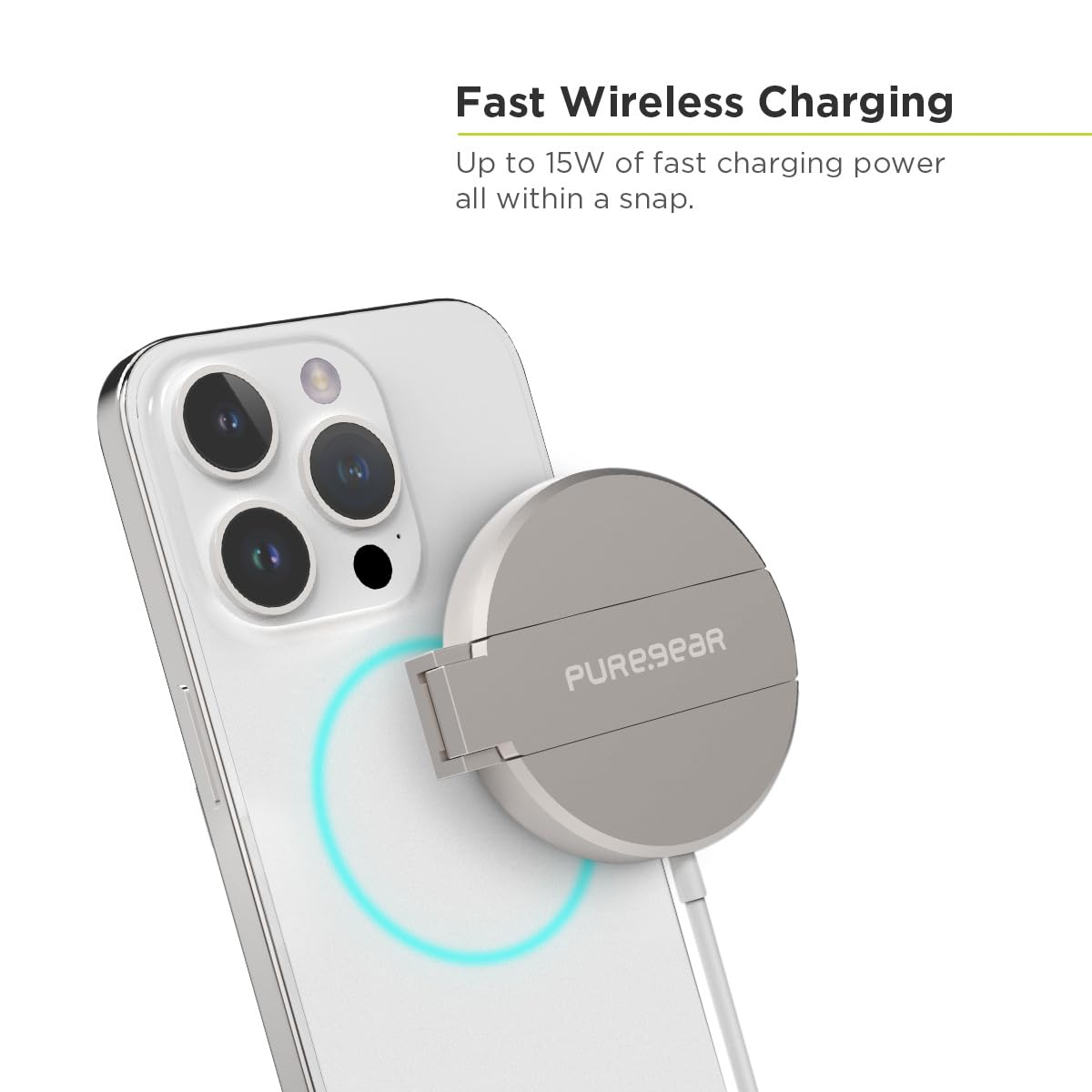 PureGear Kickstand 15W Qi-Certified Fast Wireless Charging Pad for iPhone Air/17/17Pro/17ProMax/16/15/14/13/12 Series Work with MagSafe Case