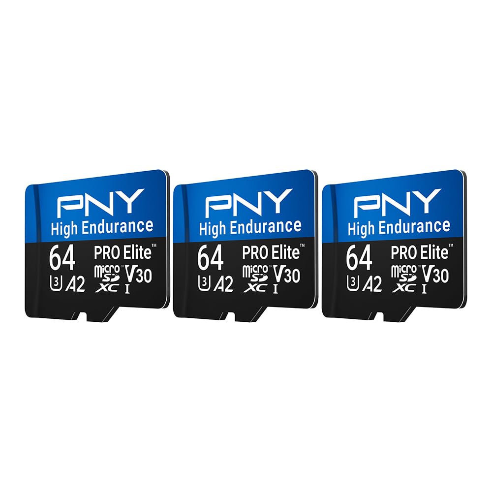 PNY 64GB PRO Elite™ High Endurance C10 U3 V30 A2 microSDXC - Up to 17.2K Continuous Recording Hours, Up to 100MB/s Read, 4K UHD, Full HD, UHS-I