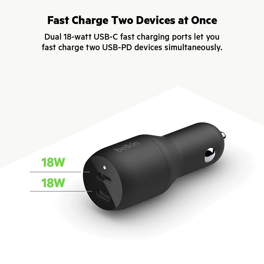 Belkin 36-Watt Dual-USB Car Charger - Power Delivery 2 18W USB-C Ports with PPS Charging Apple iPhone 14, 14 Pro, 14 Pro Max, iPhone 13, 13 Pro, 13