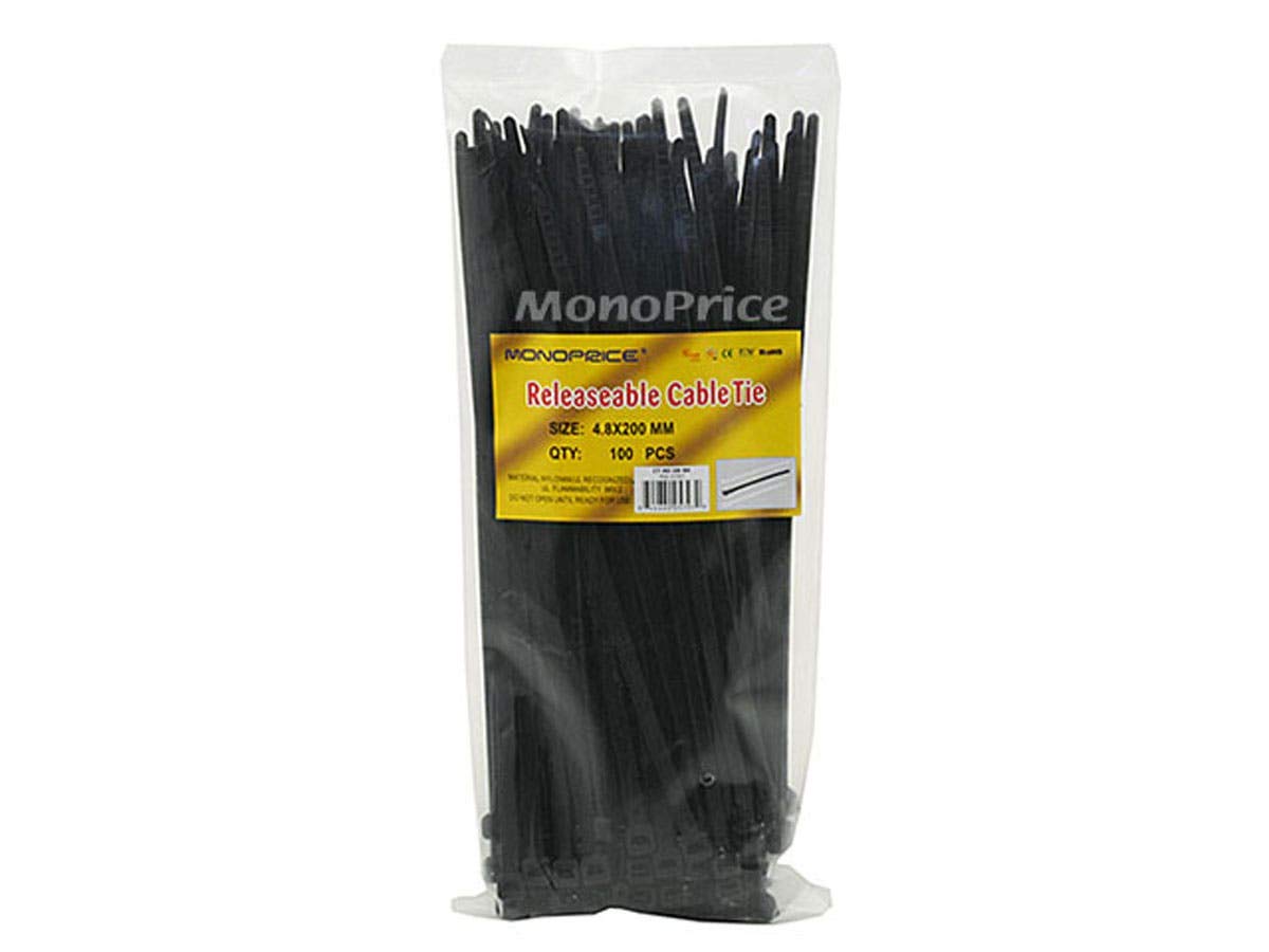 Monoprice 105797 8-Inch 50LBS Releasable Cable tie, 100-Piece/Pack, Black