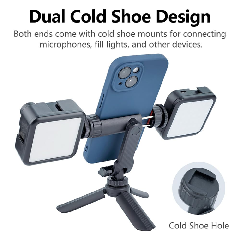 Dual Cold Shoe Phone Mount Holder - Universal Adjustable Smartphone Clamp with Dual Cold Shoe Mounts for Microphone & LED Light, 360° Rotating Ball