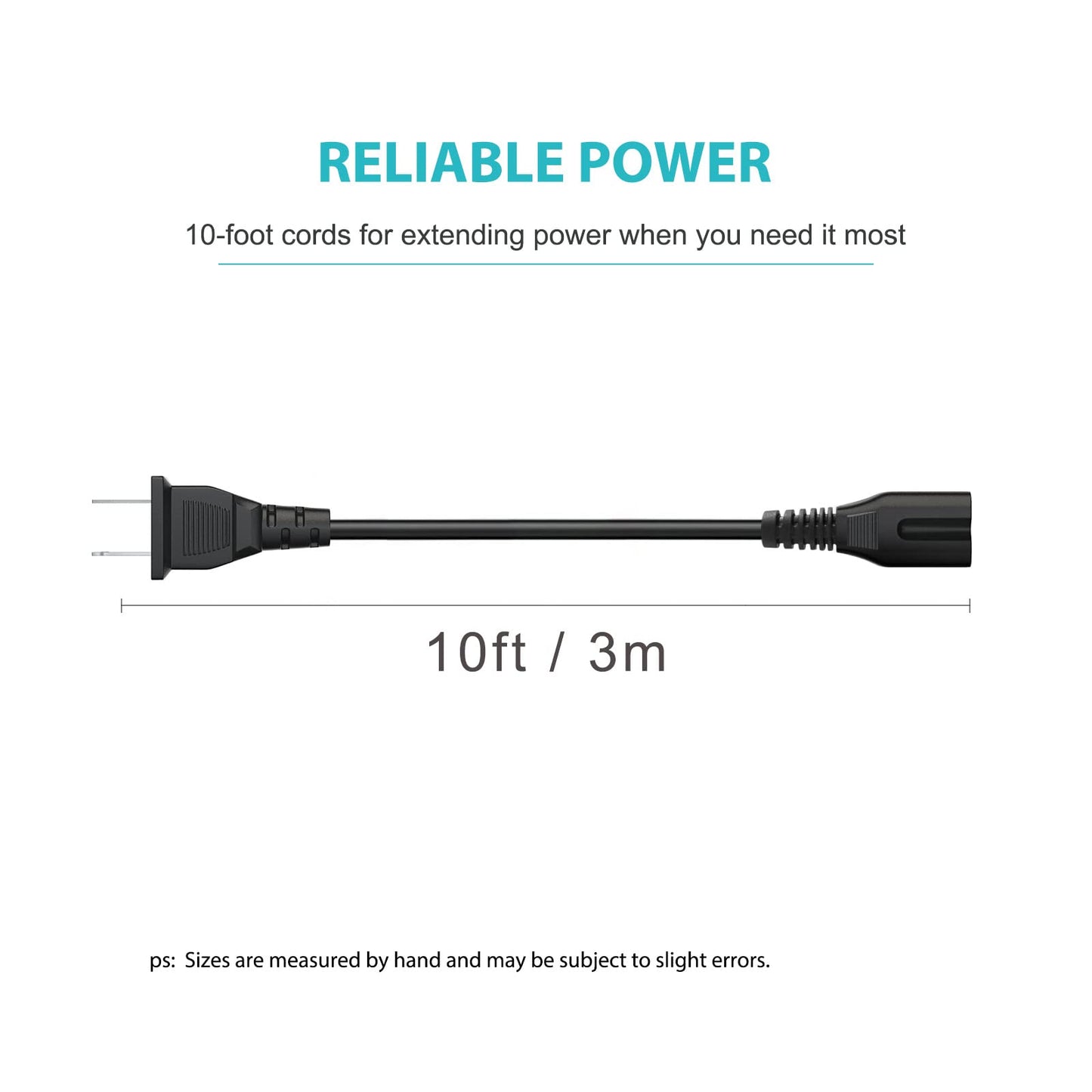 10Ft 2 Prong AC Power Cord Plug for ONN. 100008734 100008736, ONN TV, JBL PartyBox 100 200 300 1000 310 710 1000 On-The-Go Bluetooth Speaker ION Game