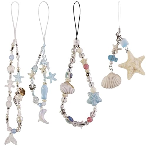4PCS Phone Charm Wrist Straps Camera Pearl Shell Ocean Lanyard Chain Beaded Cute Blue Bracelet Strap Keychain for Women Phone Bag Camera Decoration