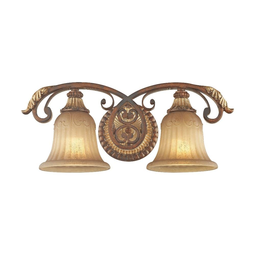 Livex Lighting 8552-63 Villa Verona 2 Light Verona Bronze Finish Vanity Bath with Aged Gold Leaf Accents and Rustic Art Glass