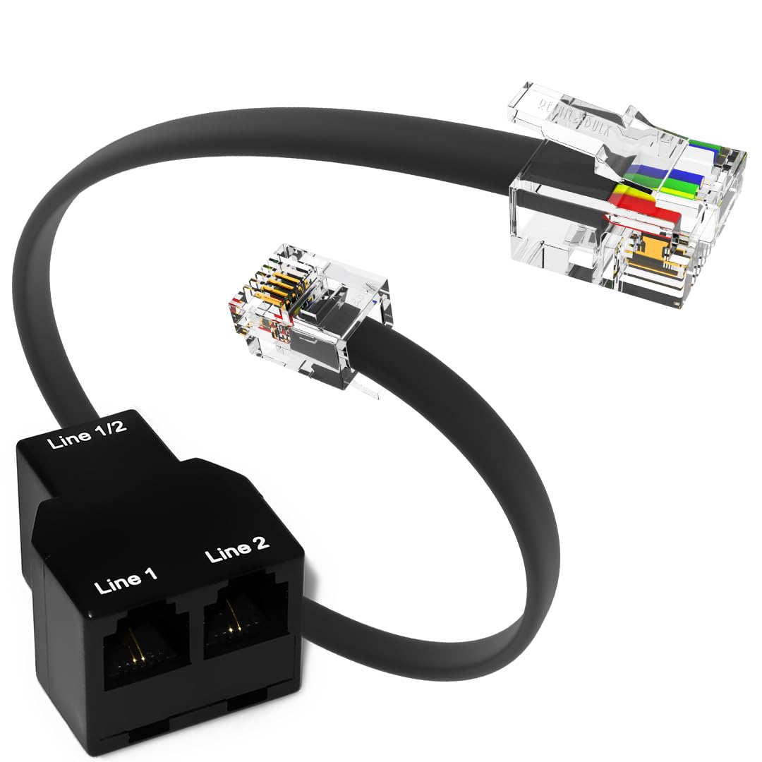 RetailAndBulk Telephone Line Separator/Combiner + Telephone Line Cord for 2 Line Phones (2-Line Splitter + Custom Size Cable)