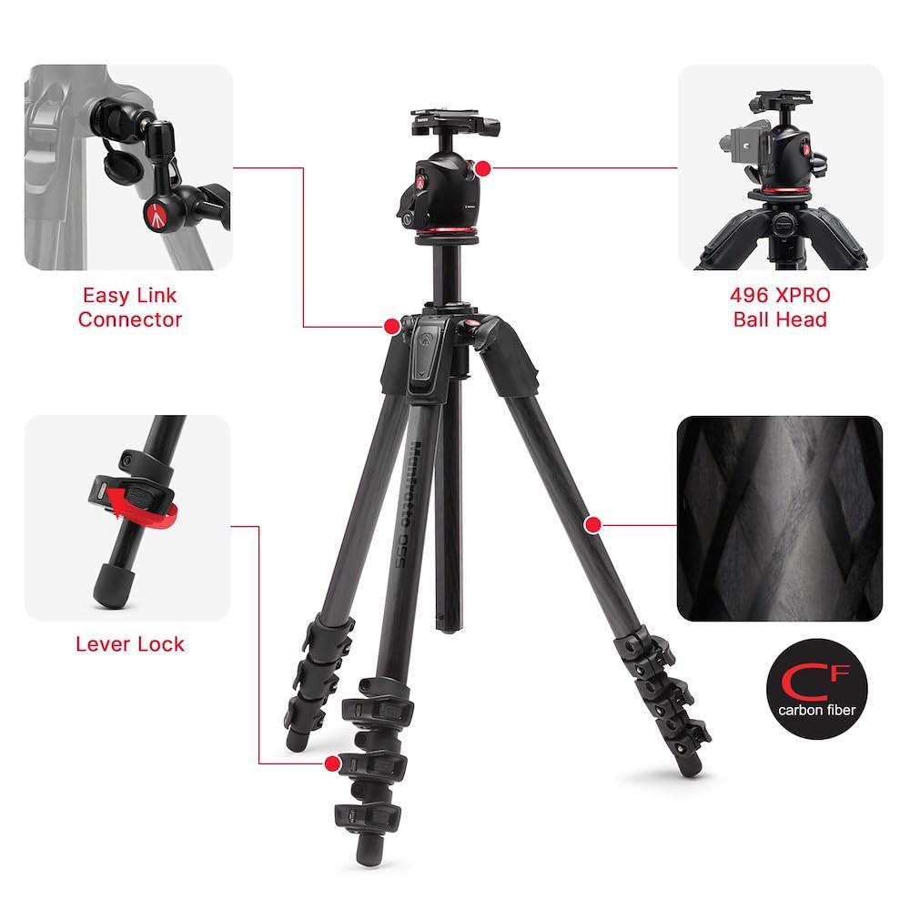 Manfrotto 055XPRO AS, 4-Section Carbon Fiber Camera Tripod, Photo-Kit with XPRO Ball Head, 90 Degree Column, 15kg Load, Arca-Swiss Plate,