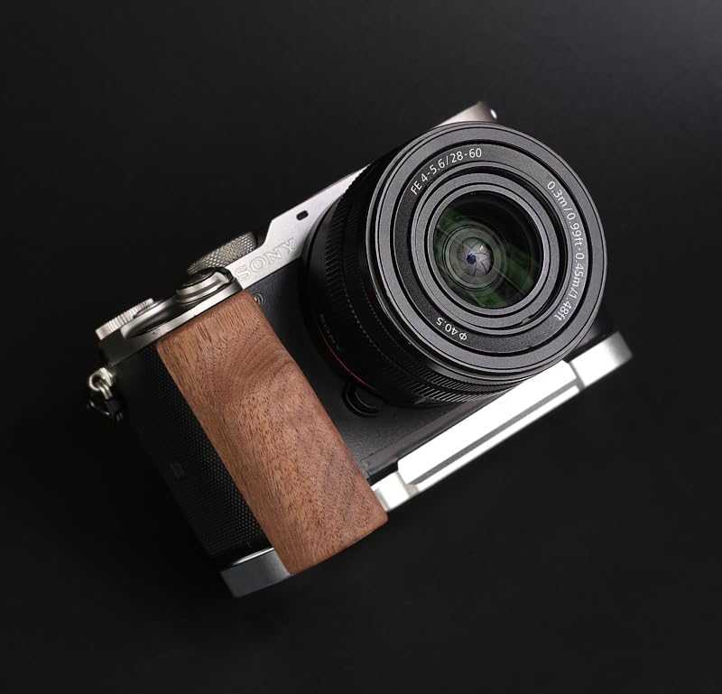 QR L Handle Hand Grip Wood Handle + Alloy Baseplate for Sony A7C Camera Holder (Wallnut + Sliver Alloy Baseplate)