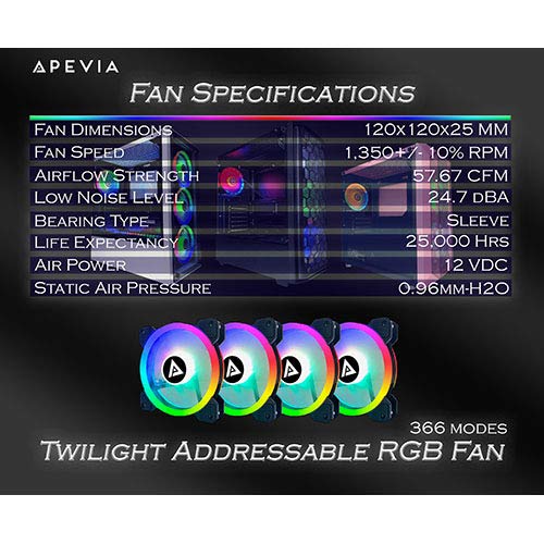 Apevia TL4-RGB Twilight 120mm Silent Dual-Ring RGB Color Changing LED Fan for Gaming with Remote Control, 28x LEDs & 8X Anti-Vibration Rubber Pads