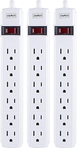 Staples 6?Outlet Power Strip - 6 ft. Extension Cord for Home, Office & Dorm Room Use, White, 3?Pack