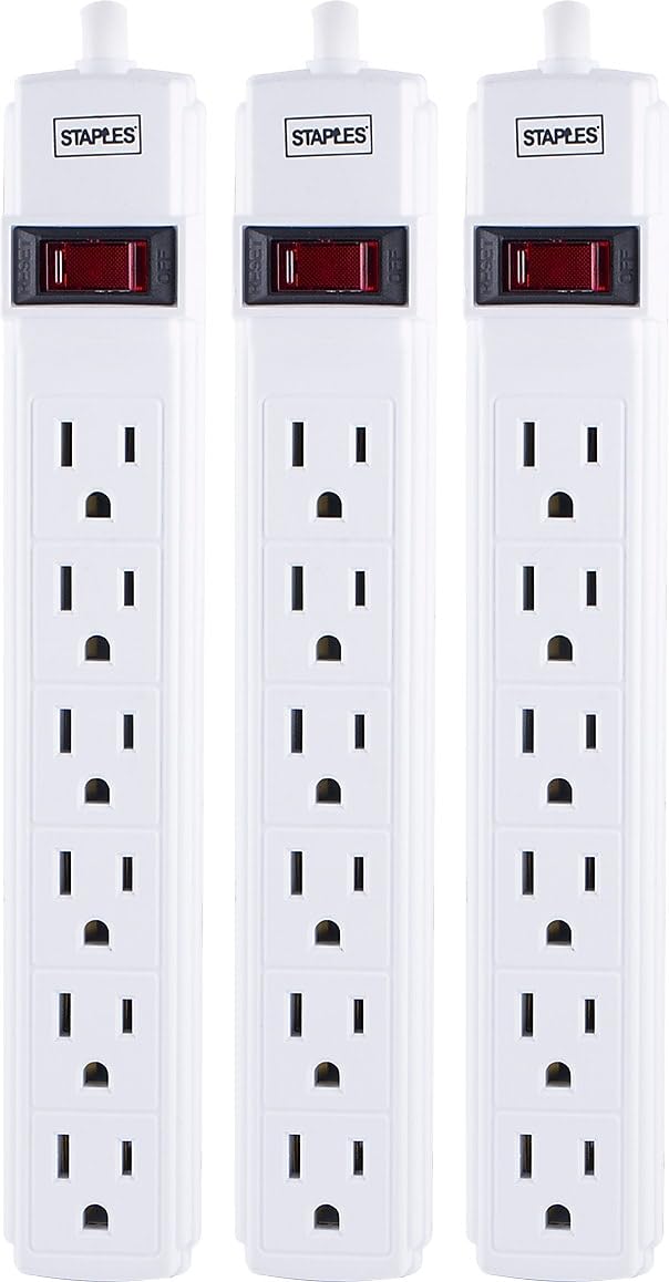 Staples 6?Outlet Power Strip - 6 ft. Extension Cord for Home, Office & Dorm Room Use, White, 3?Pack