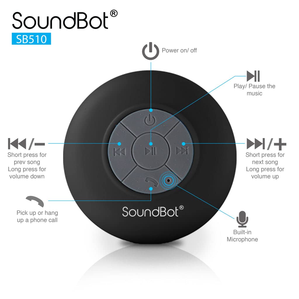 Soundbot® Waterproof Shower Speaker HD Water Resistant Bluetooth Handsfree Portable with Loud Clear Sounds 6+hrs of Playtime, Wireless Suction Cup