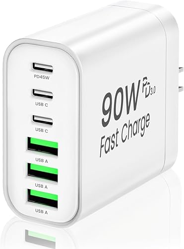 90W GaN USB C Charger Block,6-Port USB C Wall Charger Fast Charging 45W PD Power Adapter for iPhone 17Pro Max/Samsung Galaxy S24 Ultra/Tabs/MacBook
