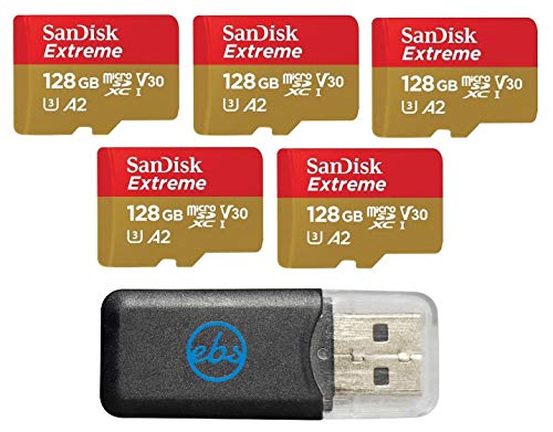 SanDisk 128GB MicroSD Extreme Memory Card (5 Pack) Memory Card for DJI FPV Drone (SDSQXAA-128G-GN6MN) Class 10 4K V30 UHS-I U3 A2 SDXC Bundle with (1)