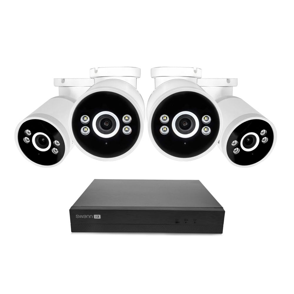 Swann AdvancedX Wired NVR 4K Security Camera System, 8 Channels, 4 PoE Cameras Outdoor, 1TB HDD Storage, Color Night Vision, Smart AI Video