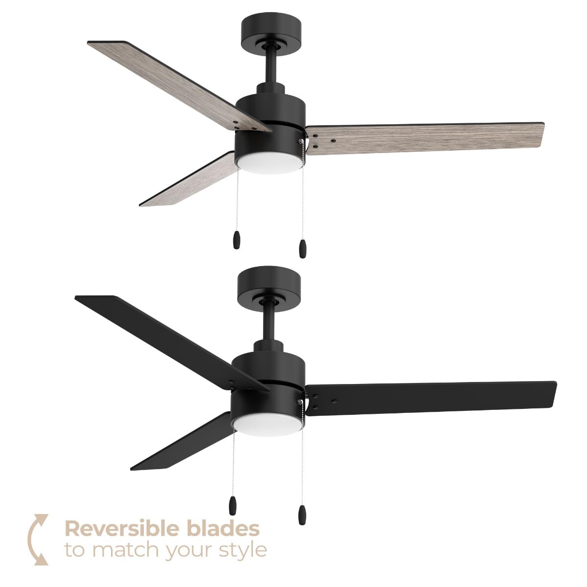 East Grove Home Heritage 52in 3-Blade Pull Chain Ceiling Fan 2700K-3000K-4000K-5000K-6000K CCT Selectable LED Light Kit with Black Hardware