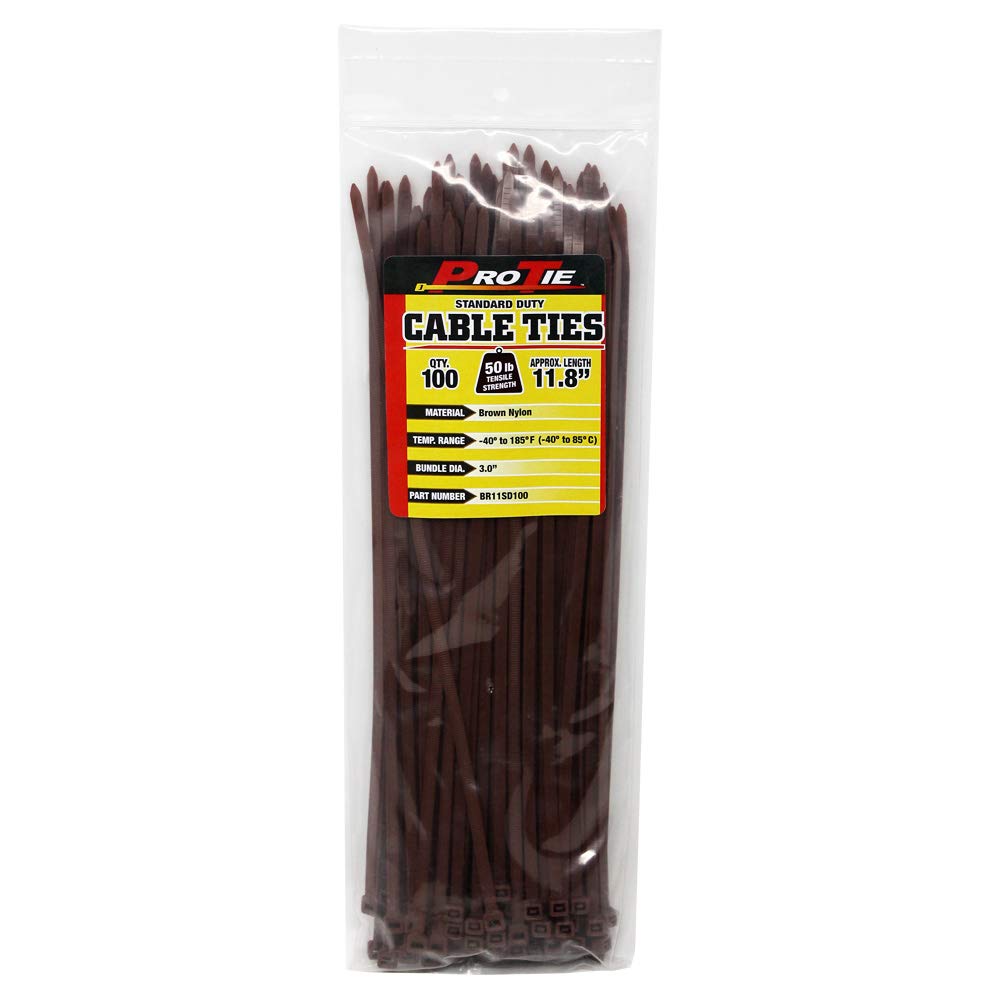 Pro Tie Standard Duty, Self-Locking UV Nylon Cable Wire Ties for Indoor Use |11.8-Inch, 50 lbs. Tensile Strength, Brown Nylon, 100-Pack (PN