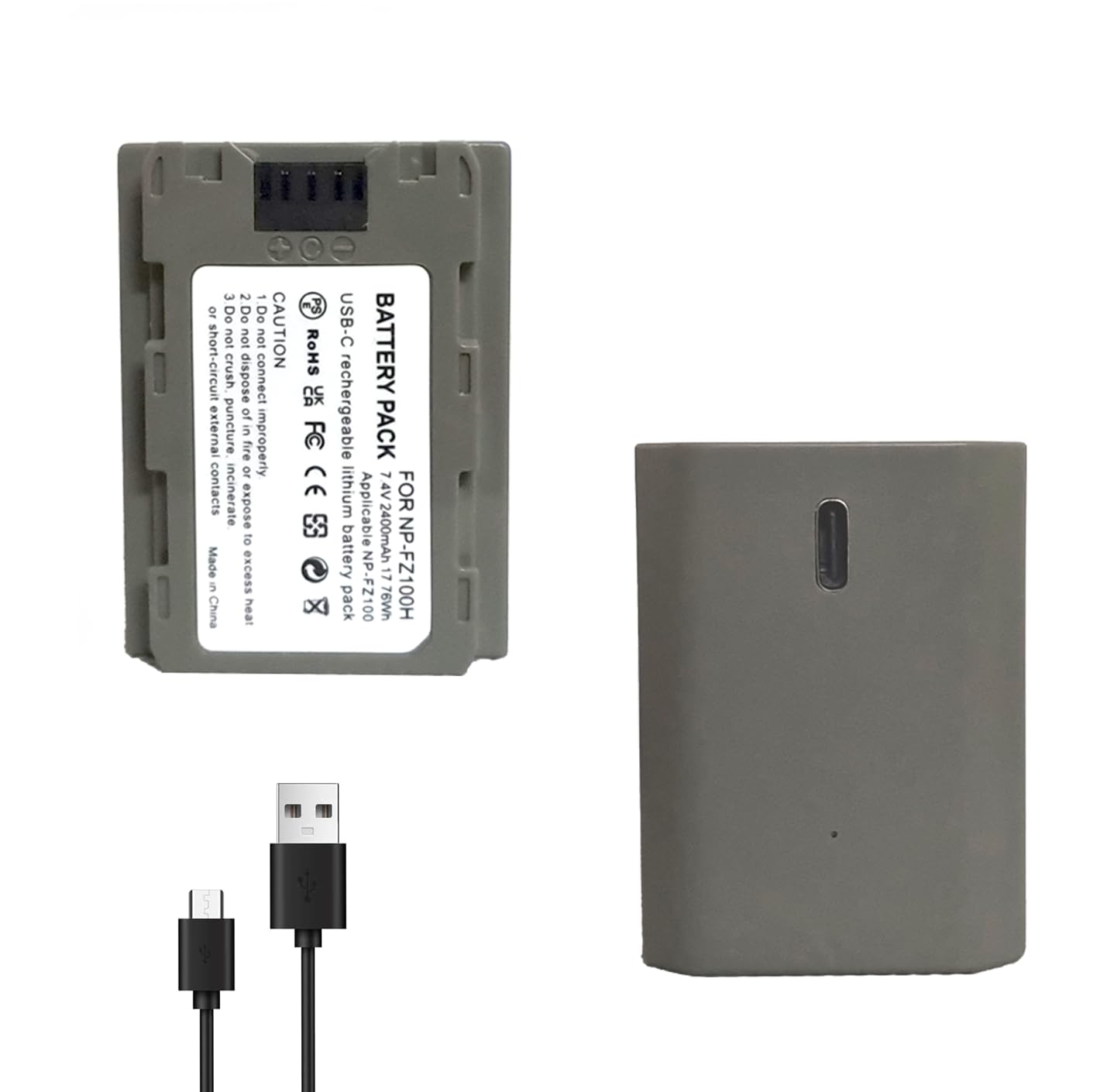 Focruzom NP-FZ100 2400mAh Replacement Battery for A7R V A7S III A7 IV, USB C Charging Cable, Compatible with ZV-E1, FX3, FX30, A1, A9,A9 II, A6600