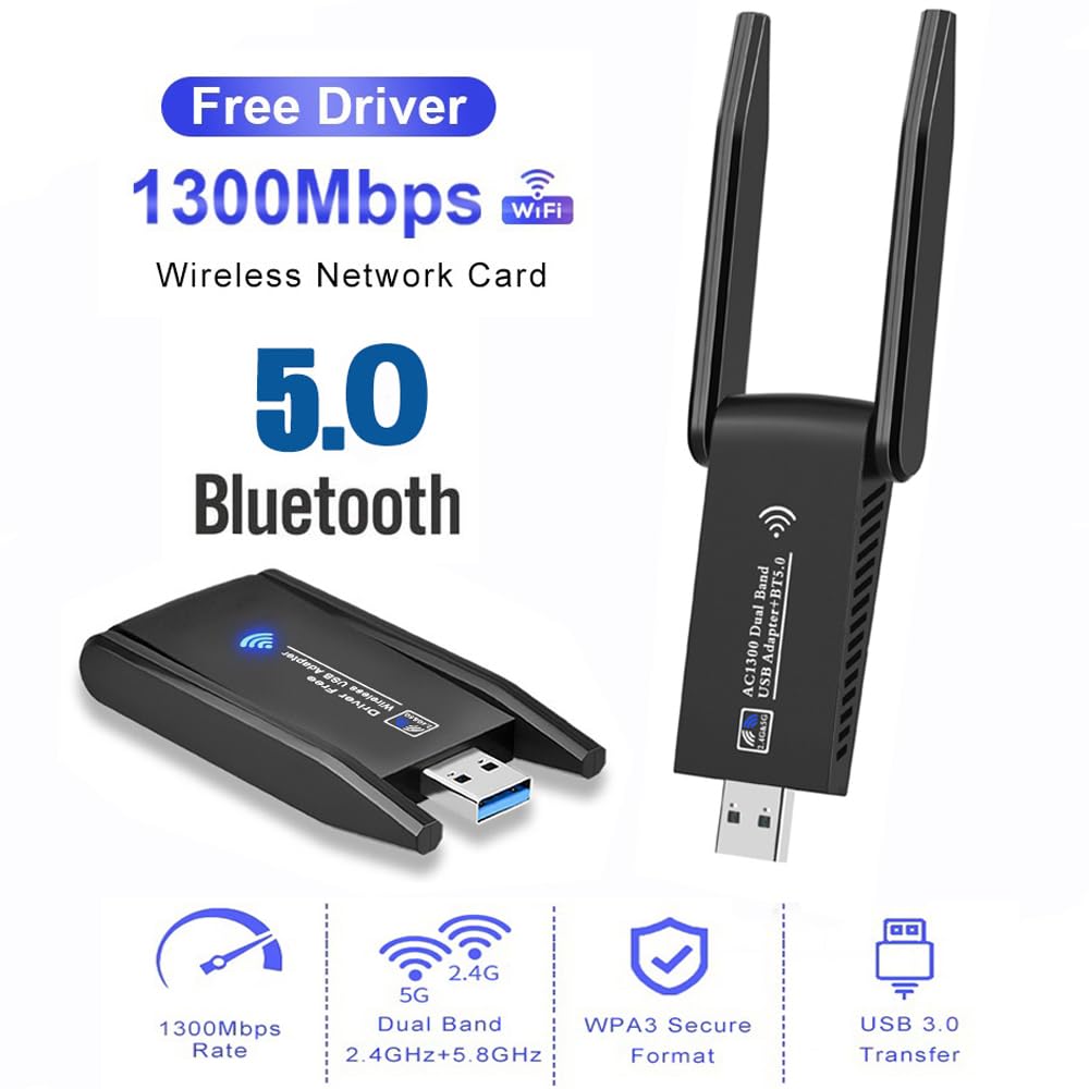 AC1300 Dual Band WiFi Wireless Network Card + BT 5.0 Adapter USB 3.0 1300M 802.11ac Adapter Bluetooth 5.0 with Antenna for Laptop PC 2.4GHz + 5.8GHz