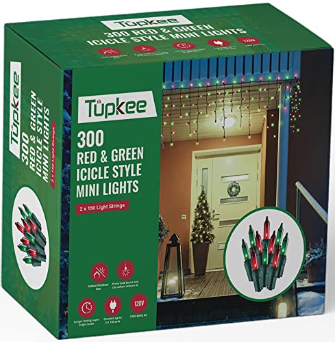 Tupkee Christmas Icicle Lights - Red & Green Incandescent, Icicle Style Mini Lights - 17 Feet, 300 Bulbs, Indoor & Outdoor Christmas Decorations