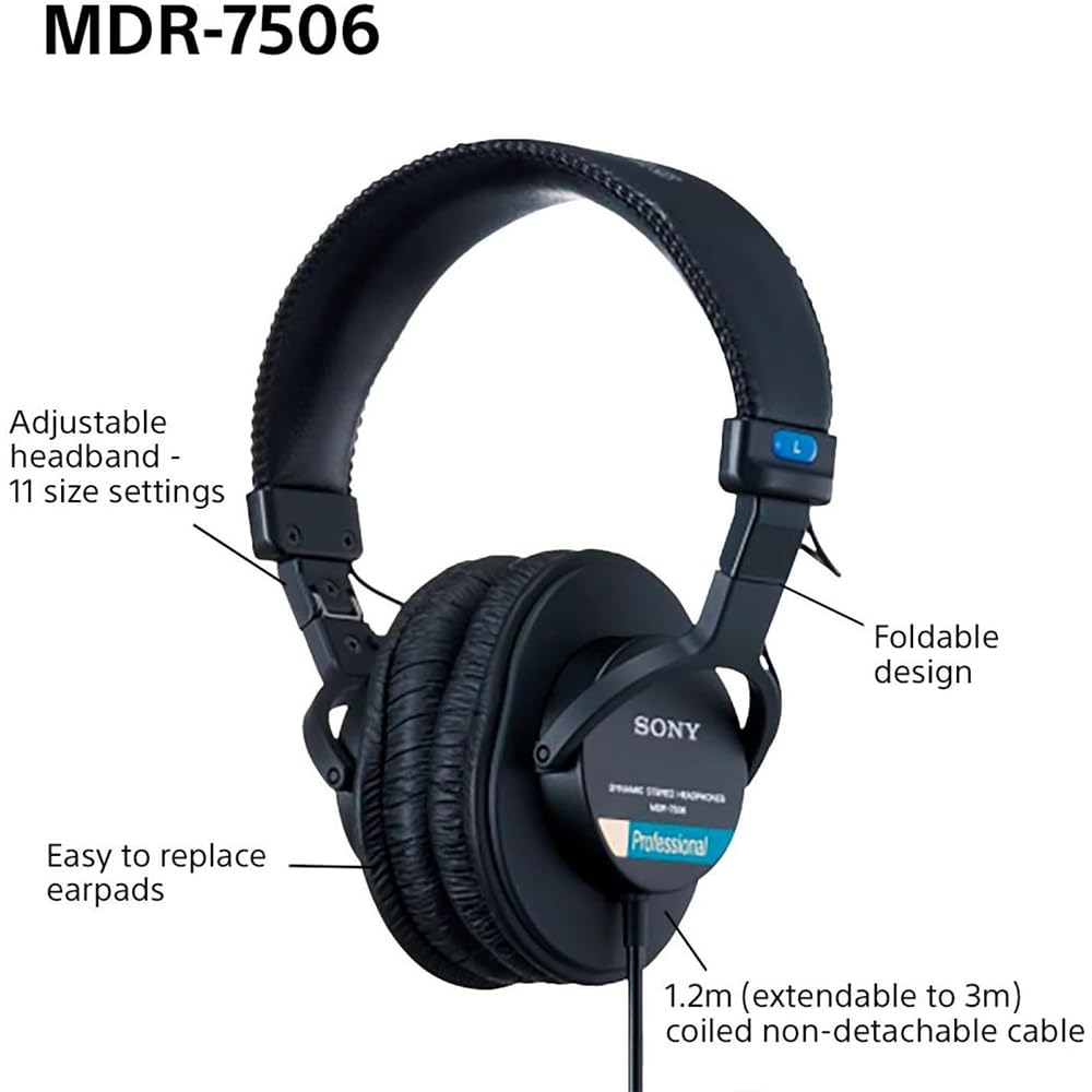 Sony MDR7506 Professional Large Diaphragm Headphones Bundle with Headphone Case Black and 1 YR CPS Enhanced Protection Pack