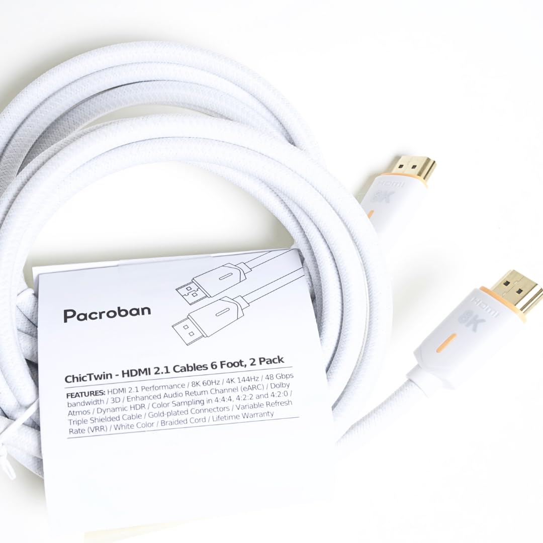 Pacroban Ultra High Speed 8K HDMI 2.1 Cable 2-Pack (10ft) - 8K@60Hz / 4K@144Hz, eARC, HDR, White Braided Cord for PS5, Xbox, TV, Monitor, PC