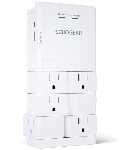 ECHOGEAR Wall Outlet with USB Ports & Surge Protection - Power Protect 8 Devices 6 Rotating AC Plugs 2 Includes 1x USB-C Port USB-A White