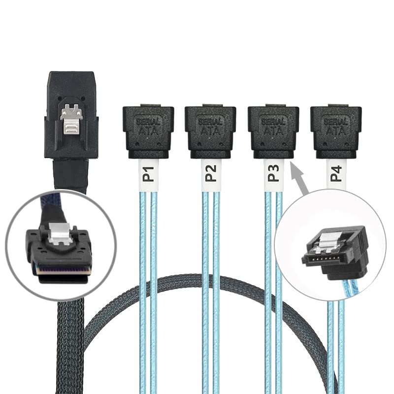 WLGQ Array Disk Cable Mini SAS 36Pin (SFF-8087) to 4 SATA 7Pin Cable, Mini SAS Host/Controller to 4 SATA90° Elbow Target/Backplane, 1M(3.3FT)
