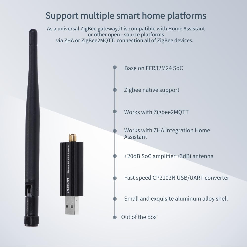 Smaller Size Zigbee 3.0 USB Dongle Gateway, Work with Home Assistant Zigbee2MQTT, EFR32MG21 Universal USB Gateway with Antenna, Wireless Zigbee