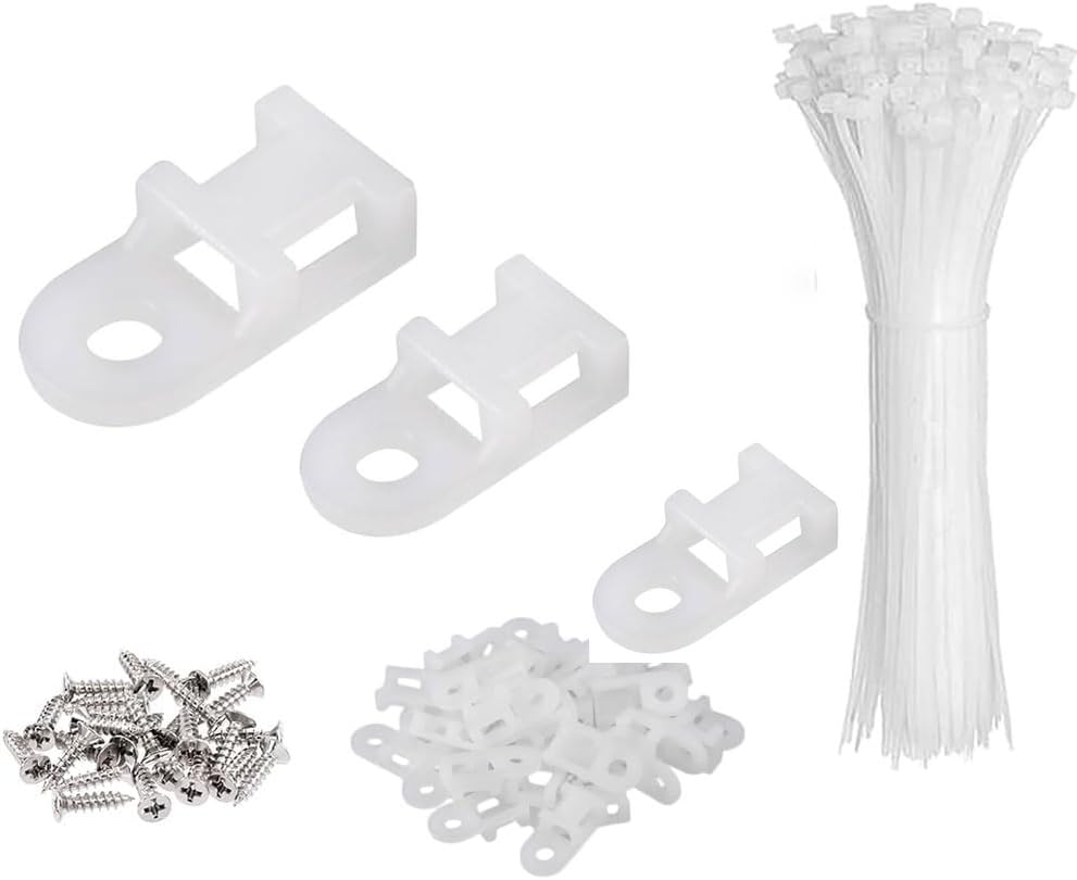 White Cable Zip Tie Mounts Kit-100 Pcs Cable Zip Tie Saddle Type Mounts Base with 100 Pcs 6" Cable Ties and 100 Pcs Tapping Screw, Wire Cable Clips