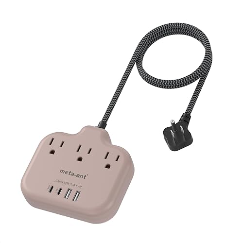 Brown Extension Cord with USB C - 5 FT Flat Braided Extension Cord with 3 Outlets & 4 USB Ports (2 USB-C), 1625W Tan Cord for Brown Tan Wood Walnut