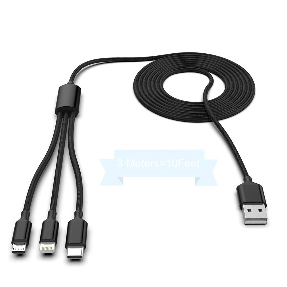 Multi 3 in 1 USB Long iPhone Charging Cable, 3M/10Ft Nylon Braided Universal Phone Charger Cord USB C/Micro USB/Lightning Connector Adapter…