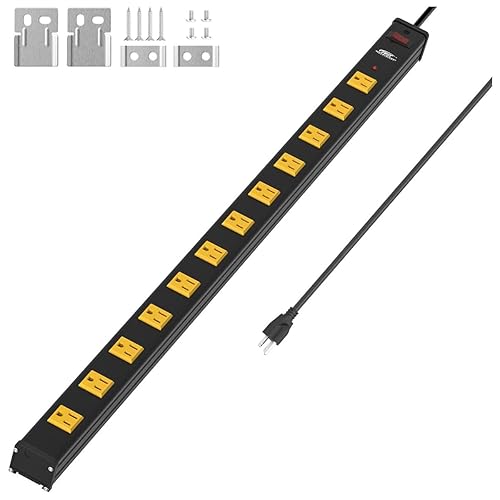 CRST 12-Outlet Metal Long Power Strip, Heavy Duty 1800 Joule Surge Protector Wall Mount Power Strip, 6FT Wide Spaced Workshop Garage Industrial Power