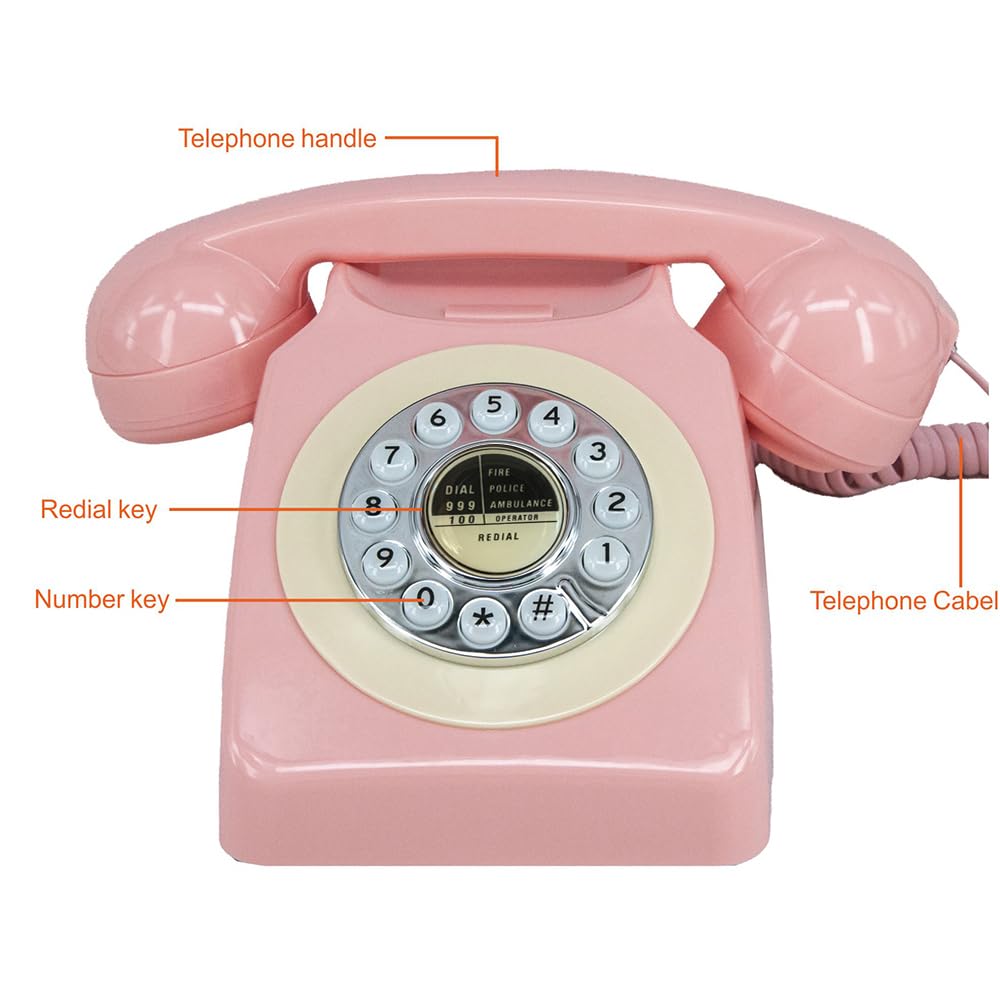 GHYTMTHOT Land Line Telephones for Home Old Fashioned Dial Button Phone, Used for Office Hotel and Home. (Pink)