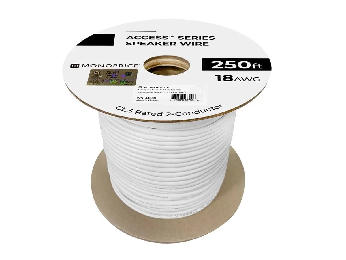 Monoprice Speaker Wire - CL3 in-Wall Rated, 2-Conductor, Color Coded, 18AWG, 250 Feet, White
