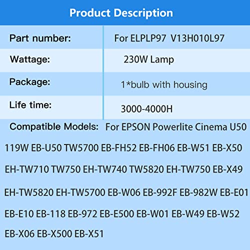 SHIYUSYAA for ELPLP97 V13H010L97 Replacement Projector Bulb for EPSON Powerlite Home Cinema 2250 2200 1080 880 982W VS260 EX9240 EX3280 EX7280 EX5280