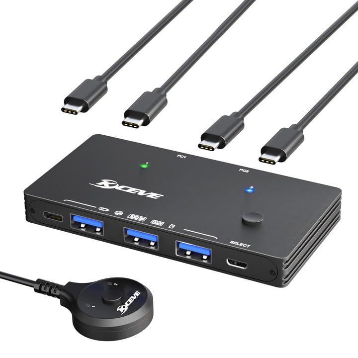 USB 3.2 Switch for 2 Laptop, KCEVE 10Gbps 2 in 4 Out USB C Switcher for 2 PC Share 4 USB Devices, Printer, Scanner, Mouse, Keyboard