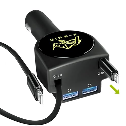 Dual Retractable Car Charger Compatible with iPhone Cell Phone, Fast Charge 2.4A 44W, Retractable Cables (3Ft) and 2 USB Ports Car Charger Adapter