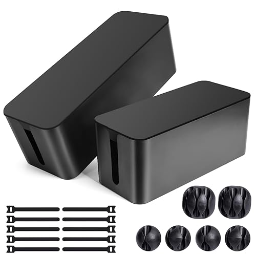 Cable Management Box, 2 Pack Large & Medium Cable Organizer Box with 17 PCS Cable Management Set, Cord Organizer Box to Hide Surge Protector on Desk