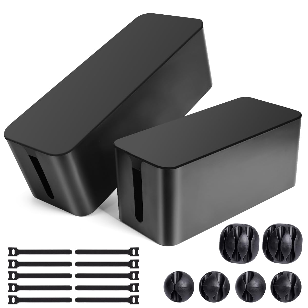 Cable Management Box, 2 Pack Large & Medium Cable Organizer Box with 17 PCS Cable Management Set, Cord Organizer Box to Hide Surge Protector on Desk
