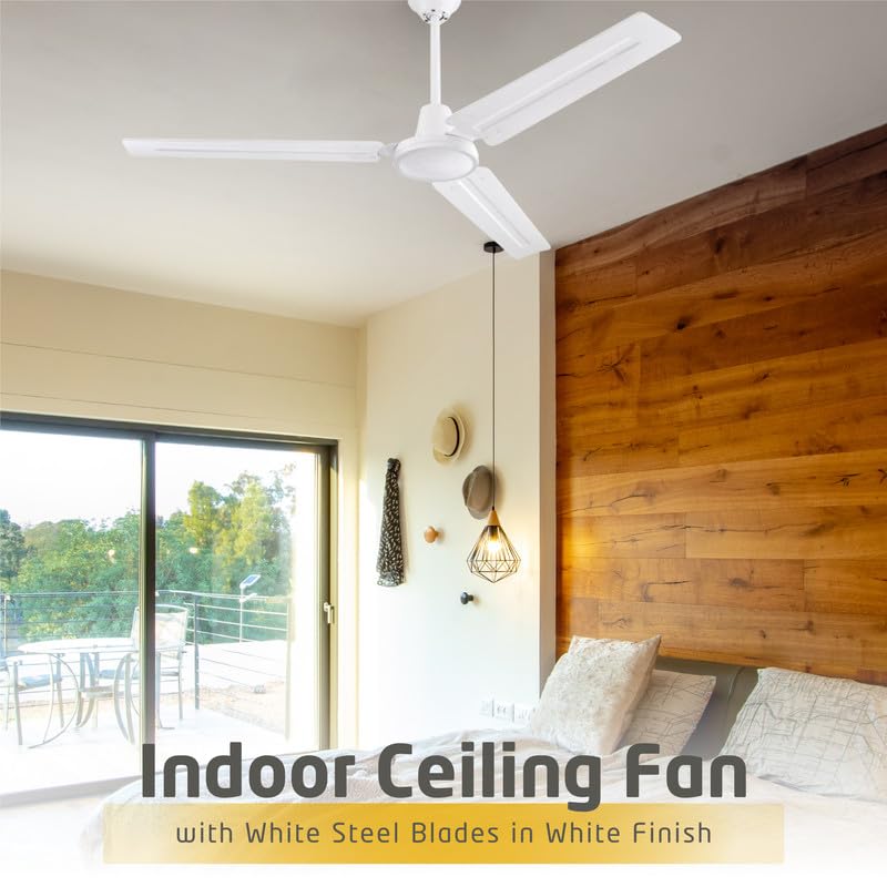 Ciata Industrial 56 Inch Three Blade Indoor Ceiling Fan, White Steel Blades in White Finish