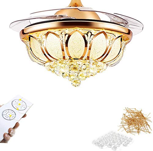 TFCFL 42" Crystal Ceiling Fan with Light, Modern Invisible Chandelier with Controller Retractable Blades Dimmable Pendant Lighting Fixture