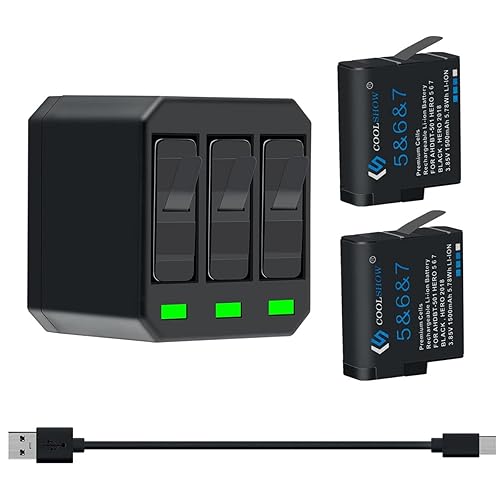 COOLSHOW Hero 7 6 5 Battery Replacement (2 Packs) and Triple Hero 7 Charger Compatible with GoPro Hero 7 Black,Hero 6 Black, Hero 5 Black, Hero 2018
