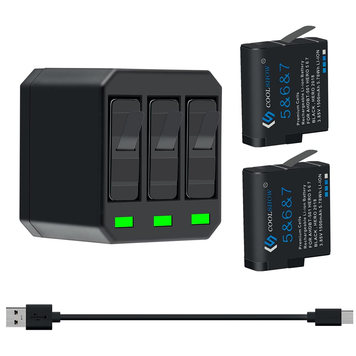 COOLSHOW Hero 7 6 5 Battery Replacement (2 Packs) and Triple Hero 7 Charger Compatible with GoPro Hero 7 Black,Hero 6 Black, Hero 5 Black, Hero 2018