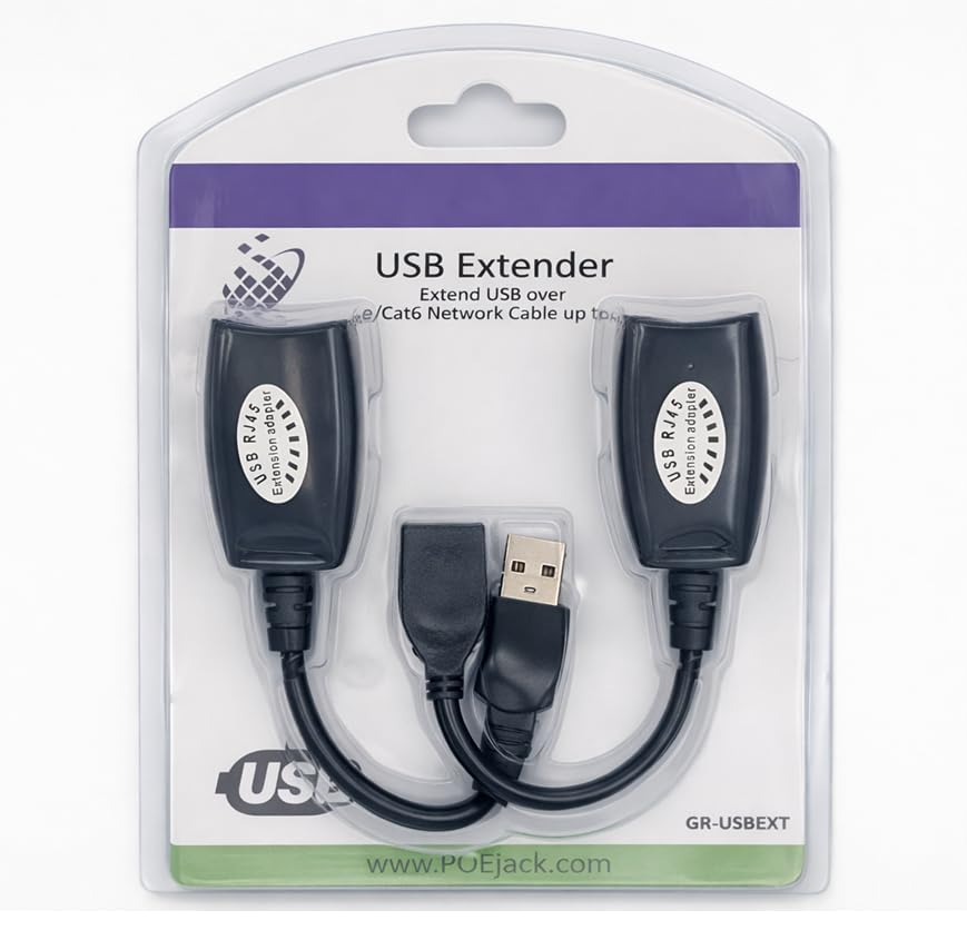 POE-Jack Grid Networking USB Extender Over Network Cable (Cat6a, Cat6, Cat5e, Cat5) up to 150ft. RJ45, Male USB, Female USB Connections. GR-USBEXT