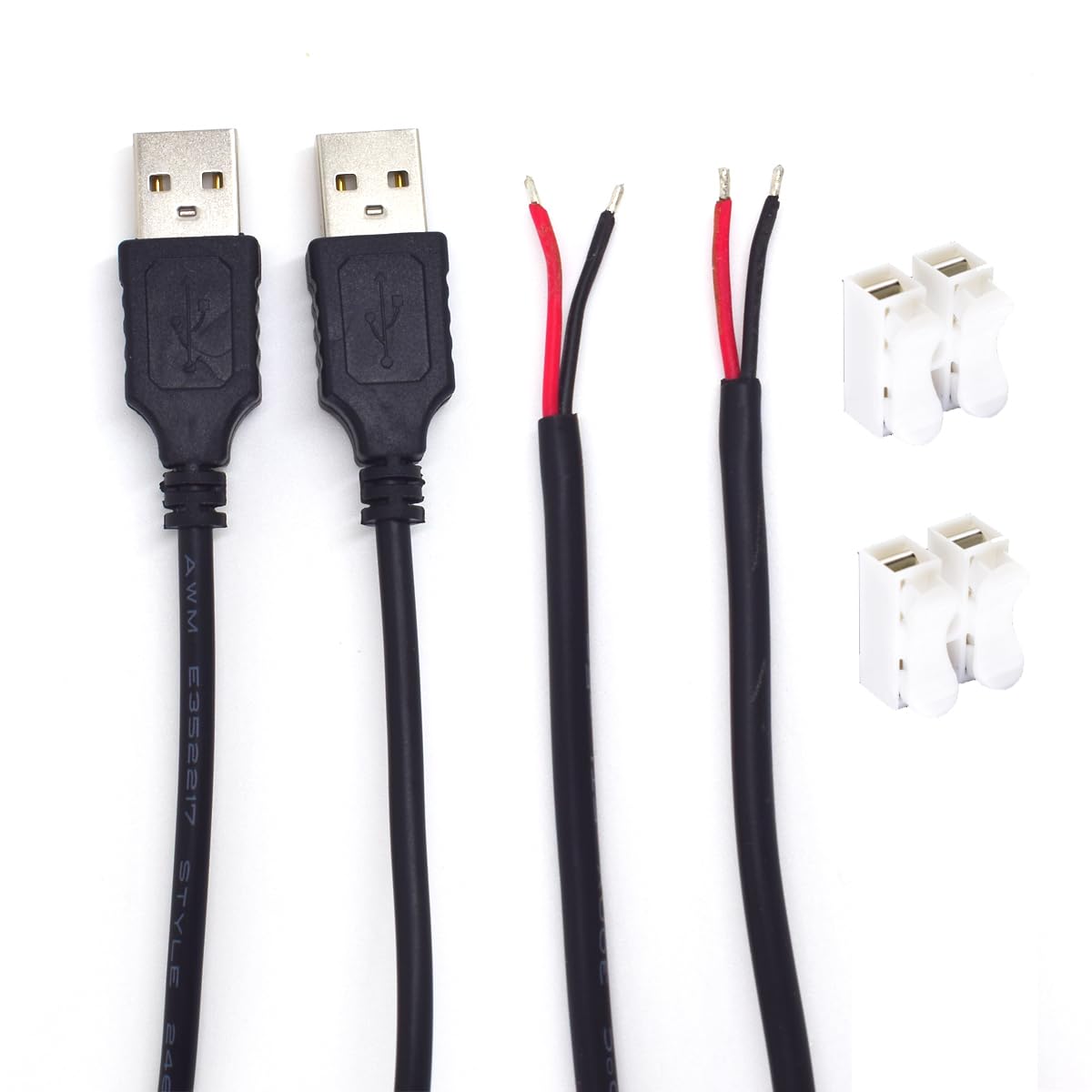 ELNONE 2PCS 20AWG USB Pigtail, 0.3M/1FT USB 2.0 Male Plug, 5V 5A Black Power Cable with Spring Wire Connector