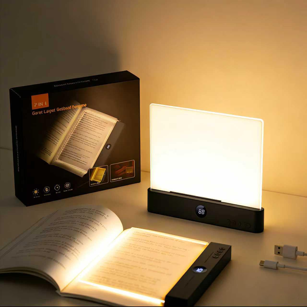 Yeopopshop Smart LED Reading Light, Rechargeable Flat Book Light for Night Reading, Dimmable Full Page Panel Lamp with 3 Colors & Timer, Eye
