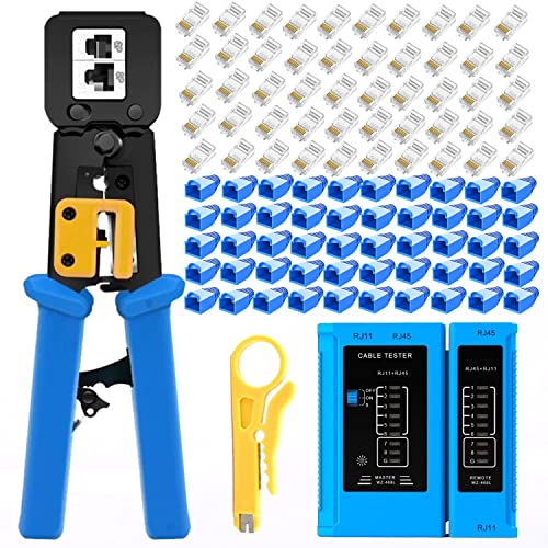 Gaobige rj45 Crimping Tool for Cat6 Cat5e Cat5, Sturdy Crimper for rj45 rj12/11 Pass-Through Connectors with 50pcs rj45 Cat5e Pass-Through Connectors