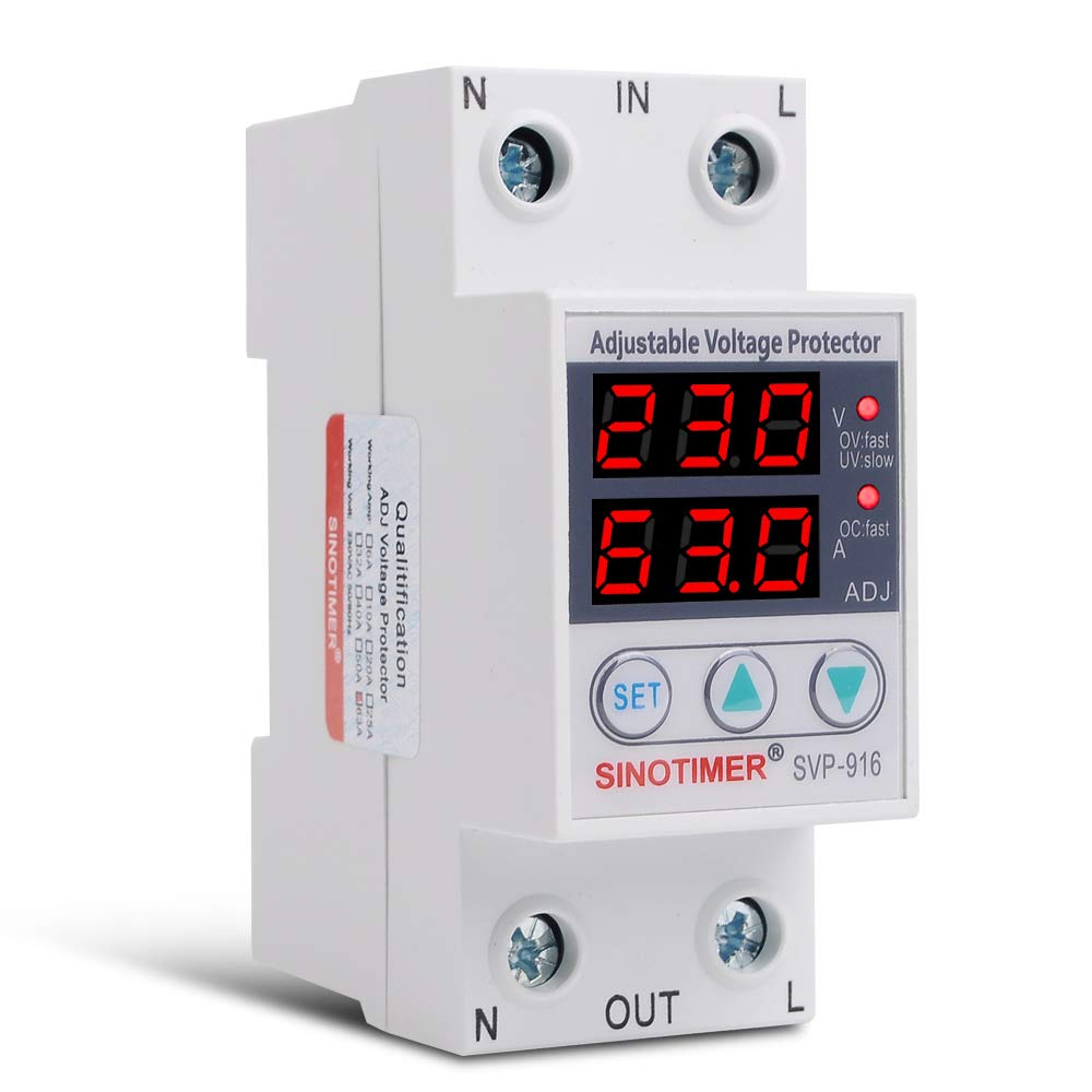 220VAC 60Hz 63A Over/Under Voltage Protection Device Voltage Current Protector, 2 Red LED Displays, Single Phase Low Voltage Monitor, Din Rail