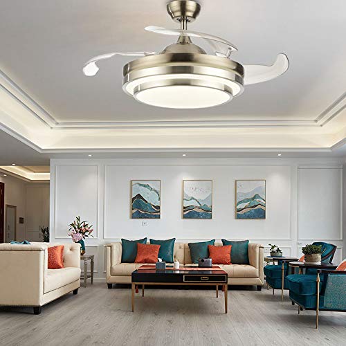 Modern Ceiling Light with Fan Remote Control Retractable Blades 3 Color Lighting 3 Speed Chandelier Light Retractable Invisible Blade for Living Room